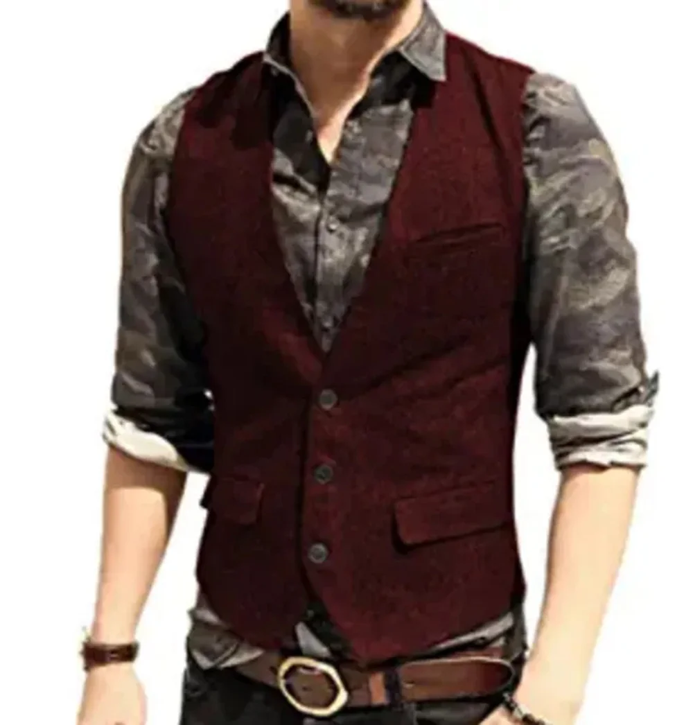 Black Flip Pocket Men Suit Vest V Neck Jacket Herringbone Tweed Business Waistcoat Wedding Groomman Clothing Victorian Steampunk