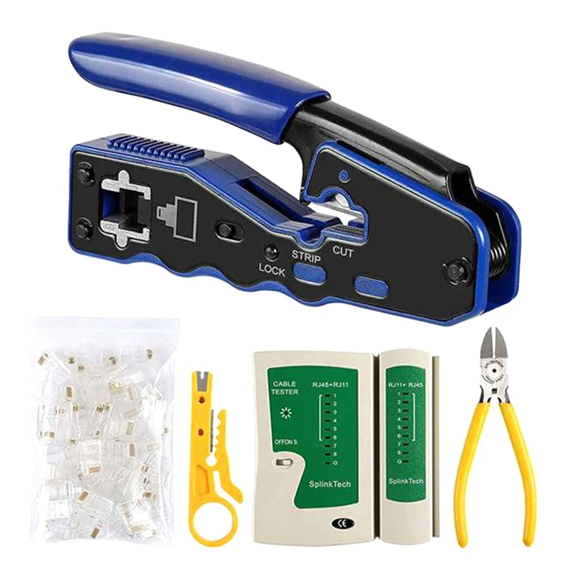 

Network Lan Cable Tester RJ45 Crimp Tool Pass Through Modular CAT6 Cat5e Cat5 Crimping Accessories Kit 150PCS Through Connectors