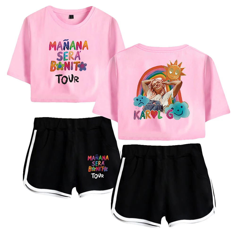 Karol G Manana Sear Bonito Merch  2023 World Tour Fashion Two Piece Set Short Sleeve Crop Top Navel Tee+Shorts Women's Sets