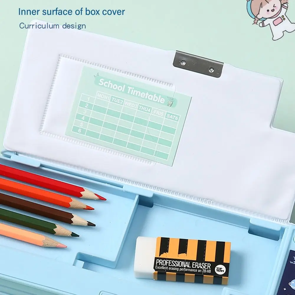Estuche de lápices de doble capa con calculadora, caja de almacenamiento de papelería con diseño de astronauta/animales, sacapuntas de plástico