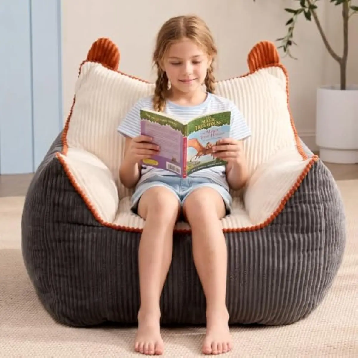 Plush Striped Kids Lounger with Ergonomic Foam Fill – Lightweight Floor Seating for Reading Gaming TV Relaxation – Beige Grey Po
