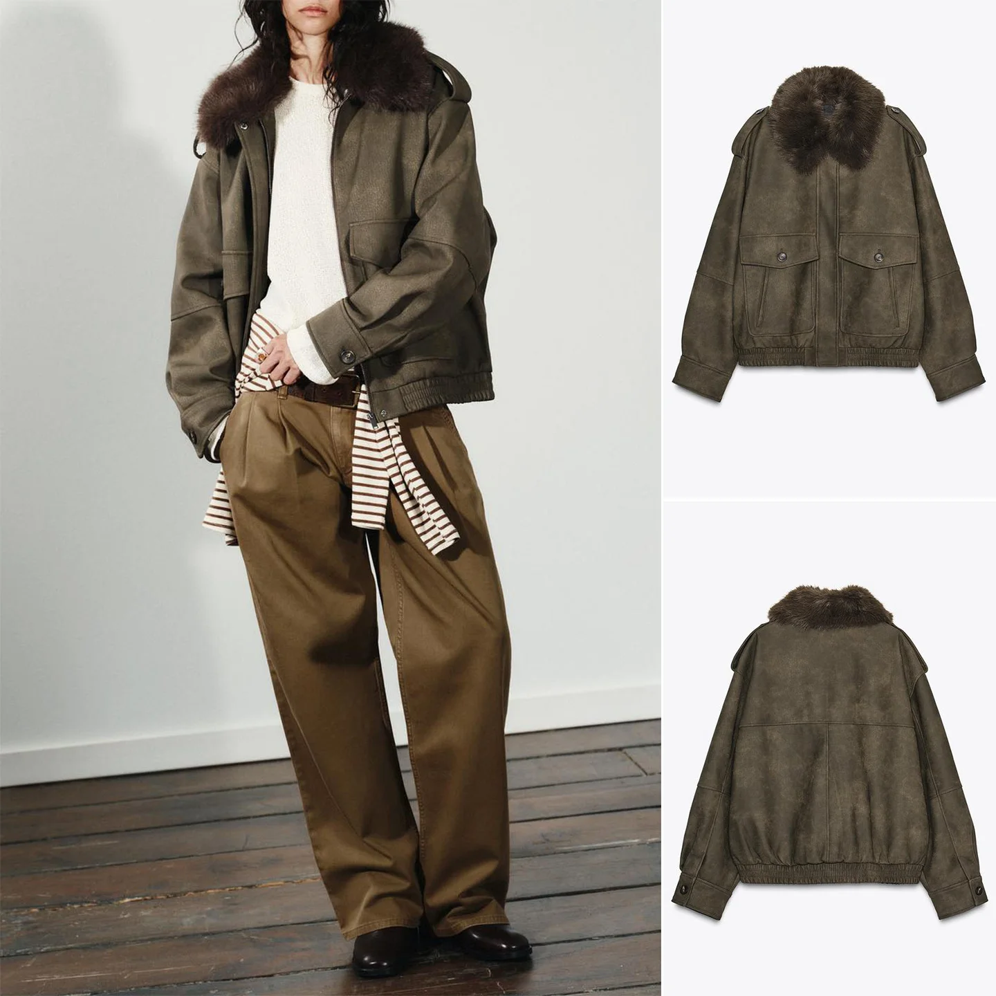 

Fall New Women's Jaet Coat Long Sve Faux Suede Effect Removable Collar Flip Cover Ne Zipper ort Polyester Fiber