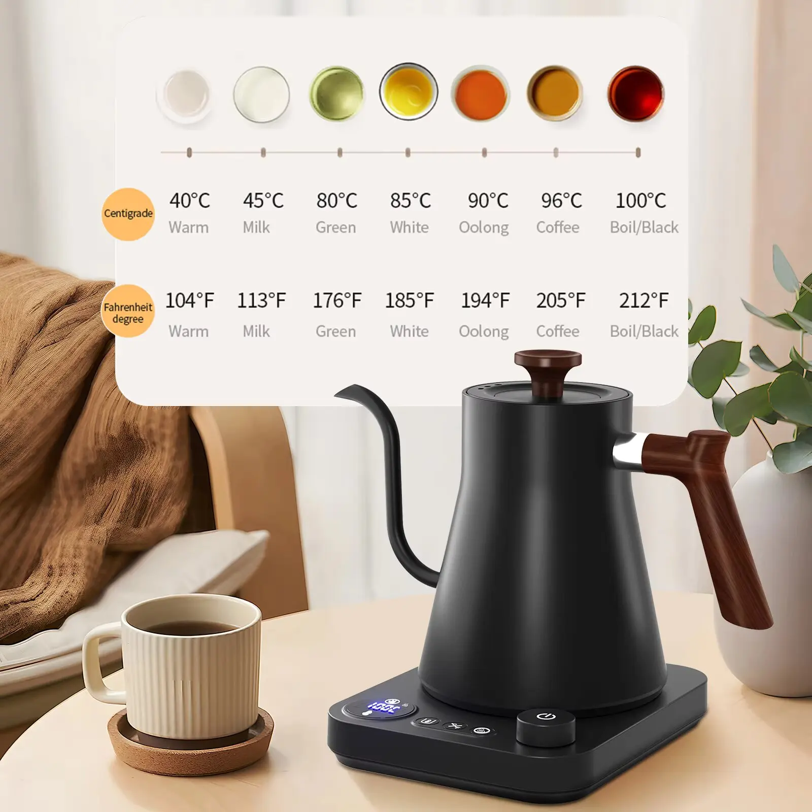 900ML Electric Gooseneck Kettle 1200W Water Boiler NTC Temperature Control LCD Display Auto Shut Off Pour Over Coffee Tea Kettle