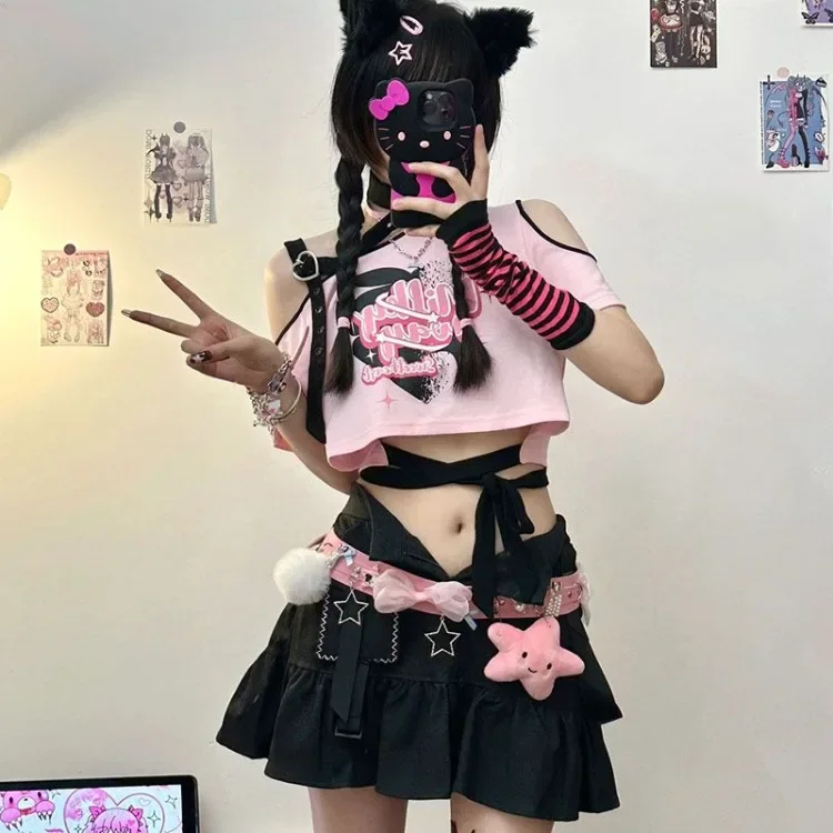 

American Sexy Hollow Out Black Pink T-shirts 2025 Summer New Print Tee Shirt Y2k Grunge Off Shoulder Short Sleeve Tops Women