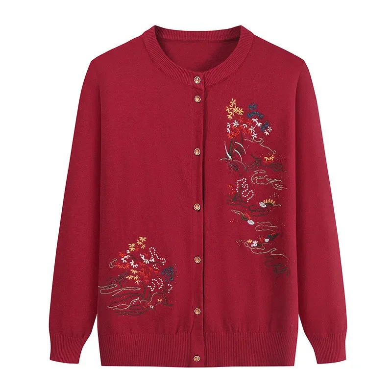 Oma Bestickte Strickjacke Jacke Frauen Herbst Winter Lose O Hals Langarm Pullover Mantel Casual Weibliche Outwear Tops