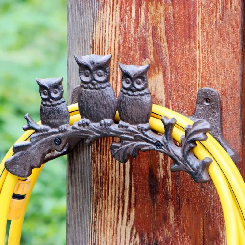 Vintage Rustic Three Owls Cast Iron Hose Hoder For Home Outdoor Garden Decoration Wall Mounted Water Pipe Storage Rack Shelf