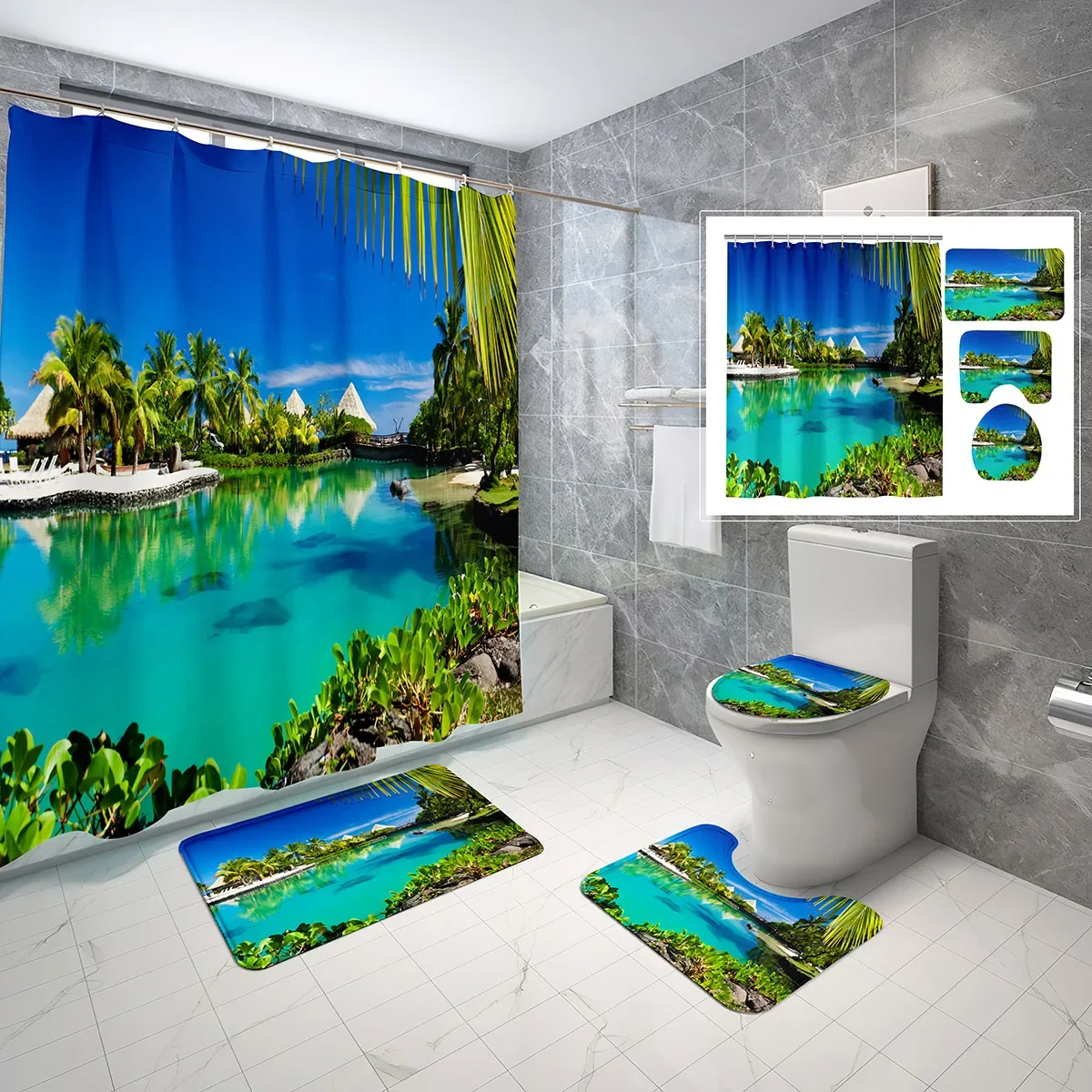 

4 Piece Shower Curtain Set, Tropical Palm Tree Summer Hawaii Island Seaside Scenery Waterproof Bath Curtain, Non-Slip Bath Mat
