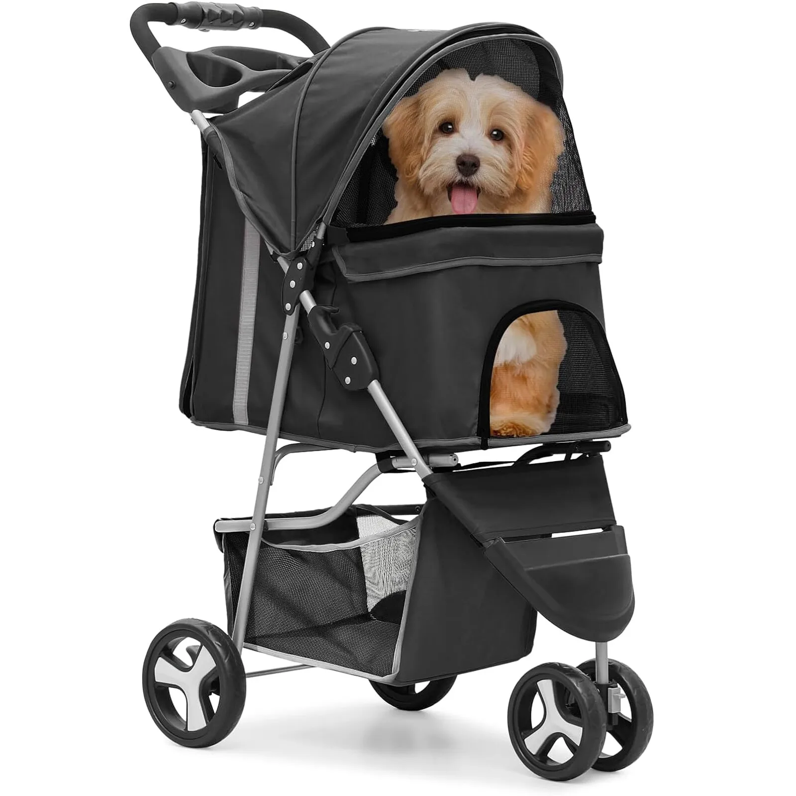 

3 Wheels Foldable Pet Stroller for Cats and Dogs Carrier Cart w/Cup Holder Black