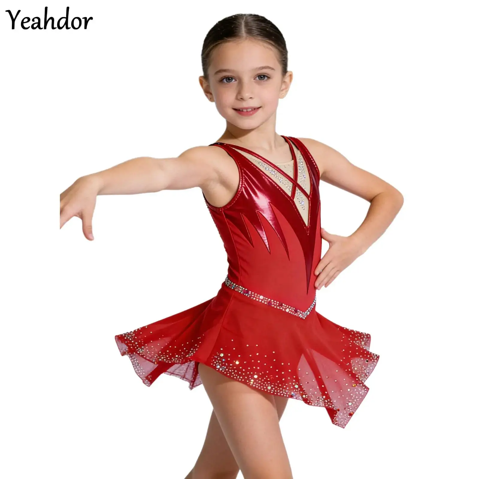 

Kids Girls Figure Ice Skating Dress Sleeveless Mesh Ballet Jersey Shiny Rhinestone Color Block Rhythmic Gymnastics Leotard Dress