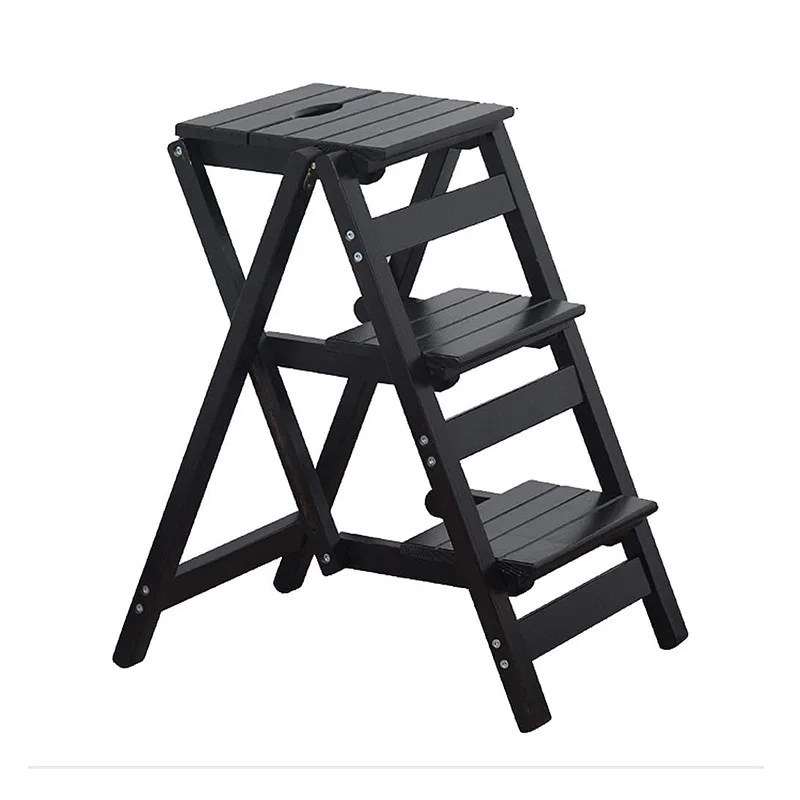 Wooden Ladder 3-Step Folding Footstool Adult Home Kitchen Counter Chair Non-Slip Ladder
