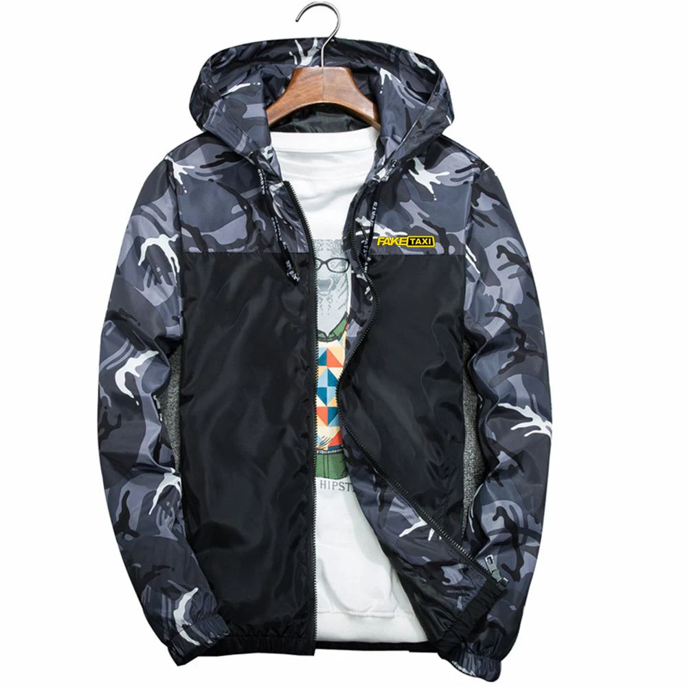 Gefälschte Taxi Druck Mode neue Mann Jacken Spleißen Tarnung Wind jacke hochwertige Freizeit Langarm Hoodies Mantel