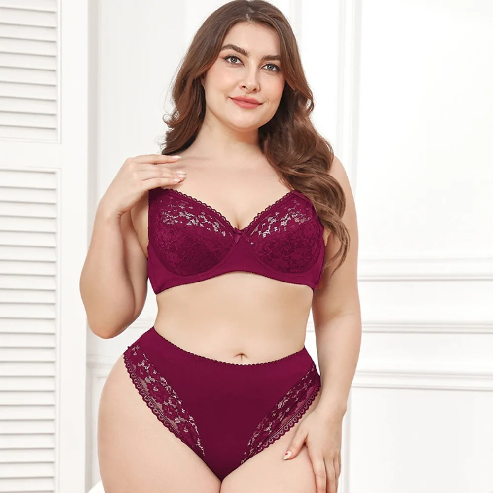 

Fashion Plus Size Bra Set Ultra-thin Cup Sexy Lace Underwear Lightweight Low Waisted Thong