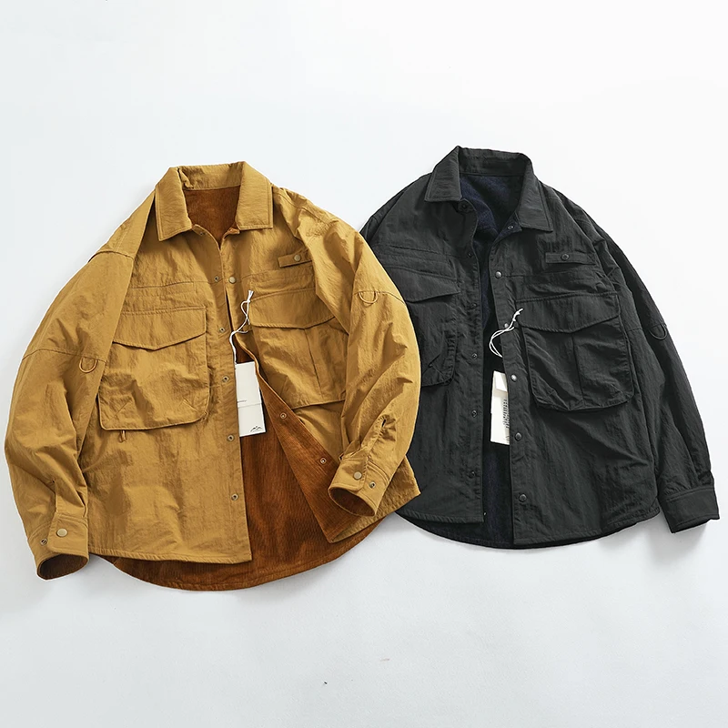 Reversible A+B fabric outdoor functional cargo jacket men\'s loose pocket lapel retro American casual jacket