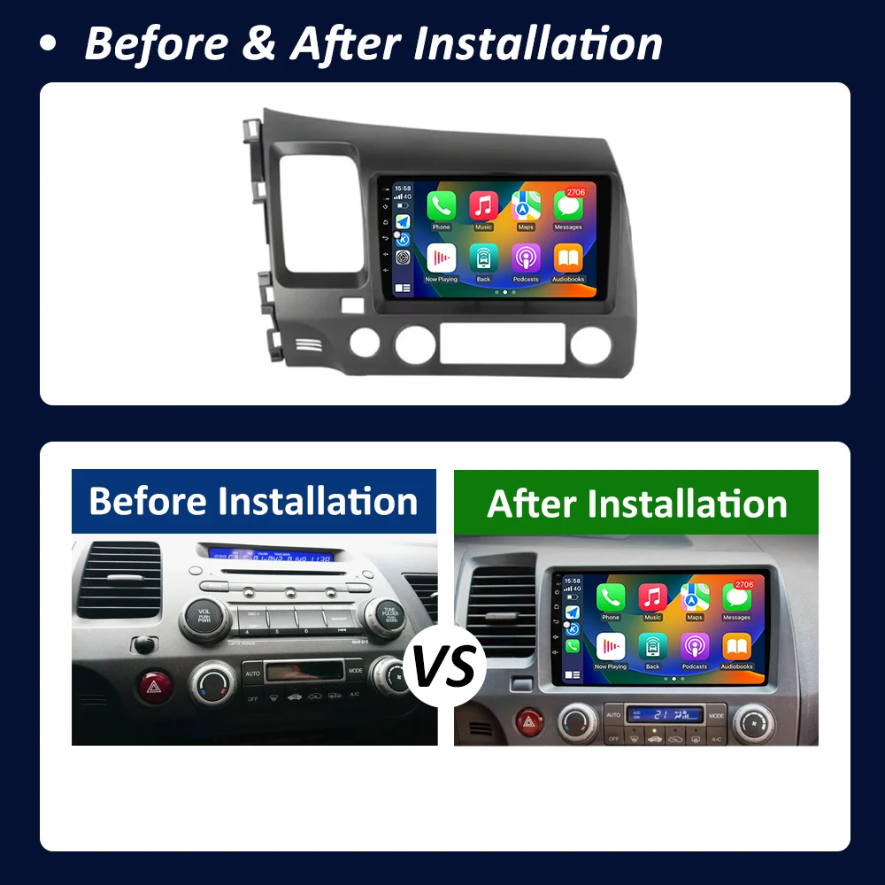 Wireless Carplay for Honda Civic 8th 8gen 2005 - 2011 Car Video Multimedia Player BT Android 16 WiFi Bluetooth QLED Touch Screen