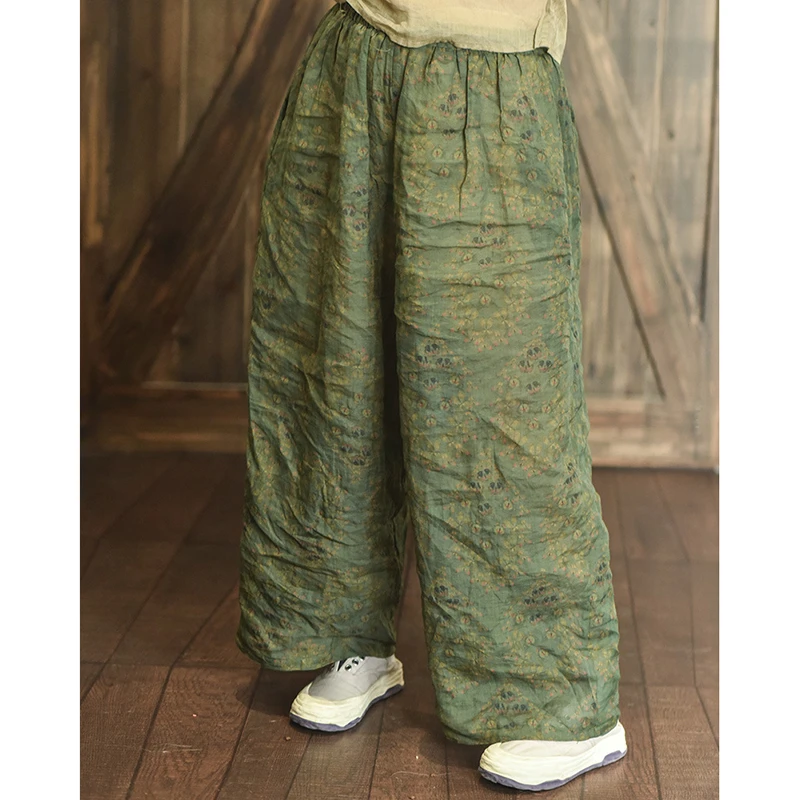 New 2025 Spring Summer Arts Style Women Elastic Waist Loose Length Pants Vintage Floral Ramie Wide Leg Pants High Quality 4096
