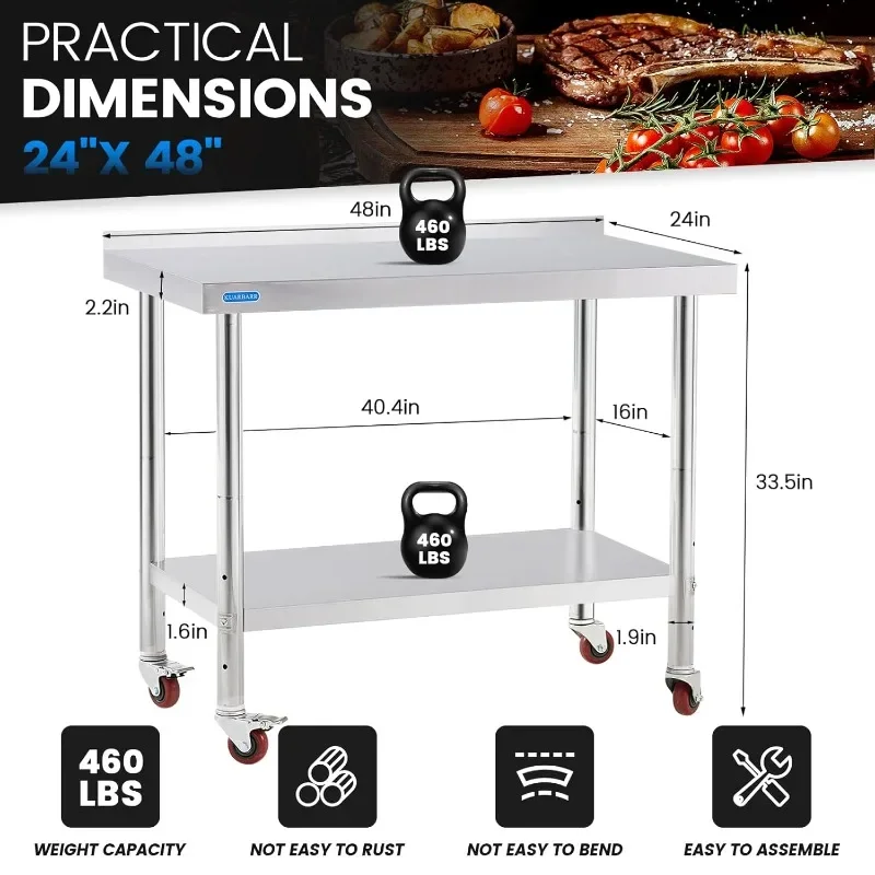 Stainless Steel Table for Prep & Work with 4 Caster Wheels with Backsplash 24 x 48 NSF Metal Commercial Kitchen