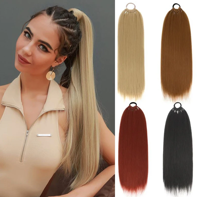 

24 Inch Braided Hair Ponytail for Women Long Straight Braids Ponytail Extensions Blonde Synthetic Rubber Band Braiding Fake Tail