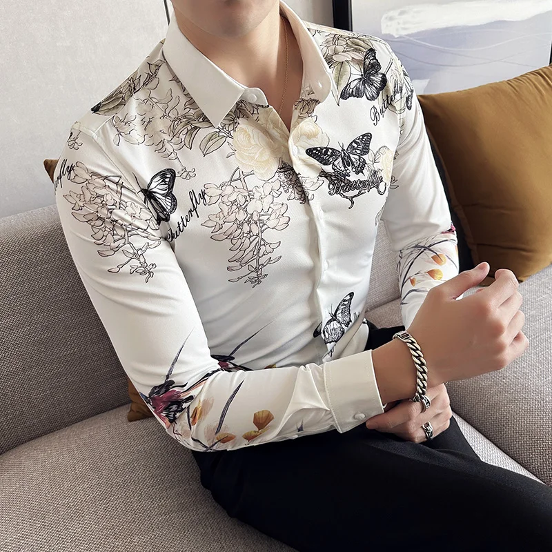 M-6XL New Men\'s European and American Fashionable Shirt Men\'s Long-sleeved Fashion Printed Shirt Slim Inch Clothing Cross-border