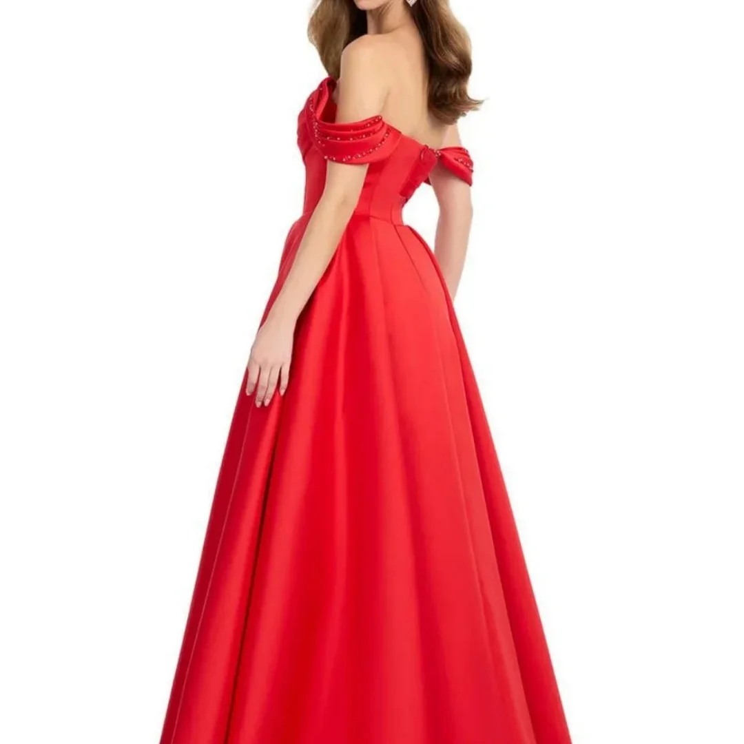 Amanda personalizado perlas rojas fuera del hombro vestido de fiesta sin espalda sin mangas vestidos de noche hasta el suelo noche Formal 2025