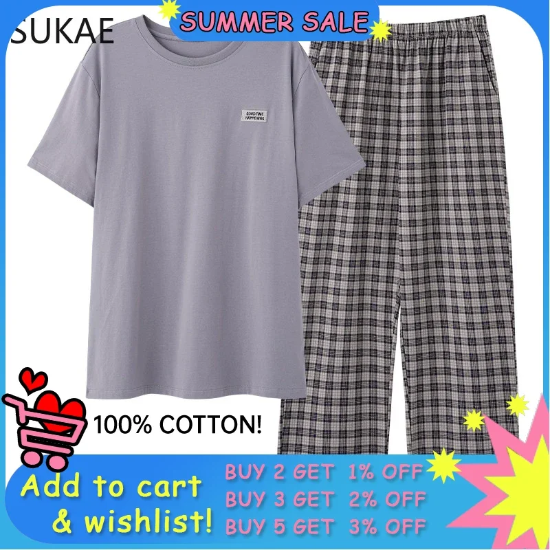 

Модная мужская домашняя одежда, весна-лето, с короткими рукавами, длинные клетчатые штаны, домашняя одежда для отдыха, ночное белье из 100% чистого хлопка для мужчин