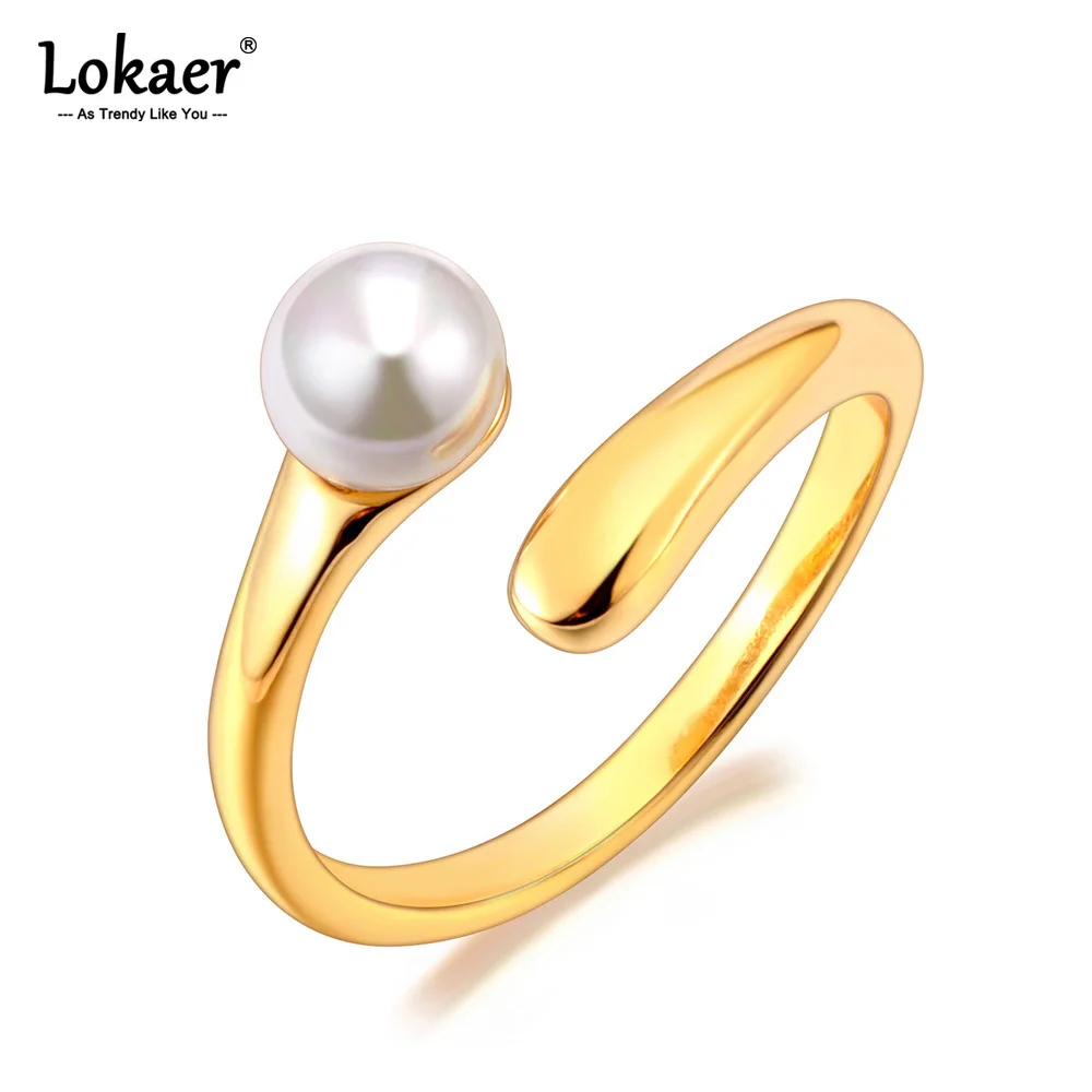 Lokaer Korean Style Imitation Pearls Open Rings for Women 18K PVD Plated Adjustable Stainless Steel Fashion Jewelry New R24078