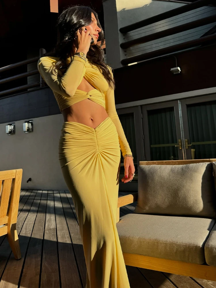 Vestido longo elegante com recorte frontal torcido amarelo – Vestido feminino de manga comprida para coquetel, noite, datas românticas, festa, noite