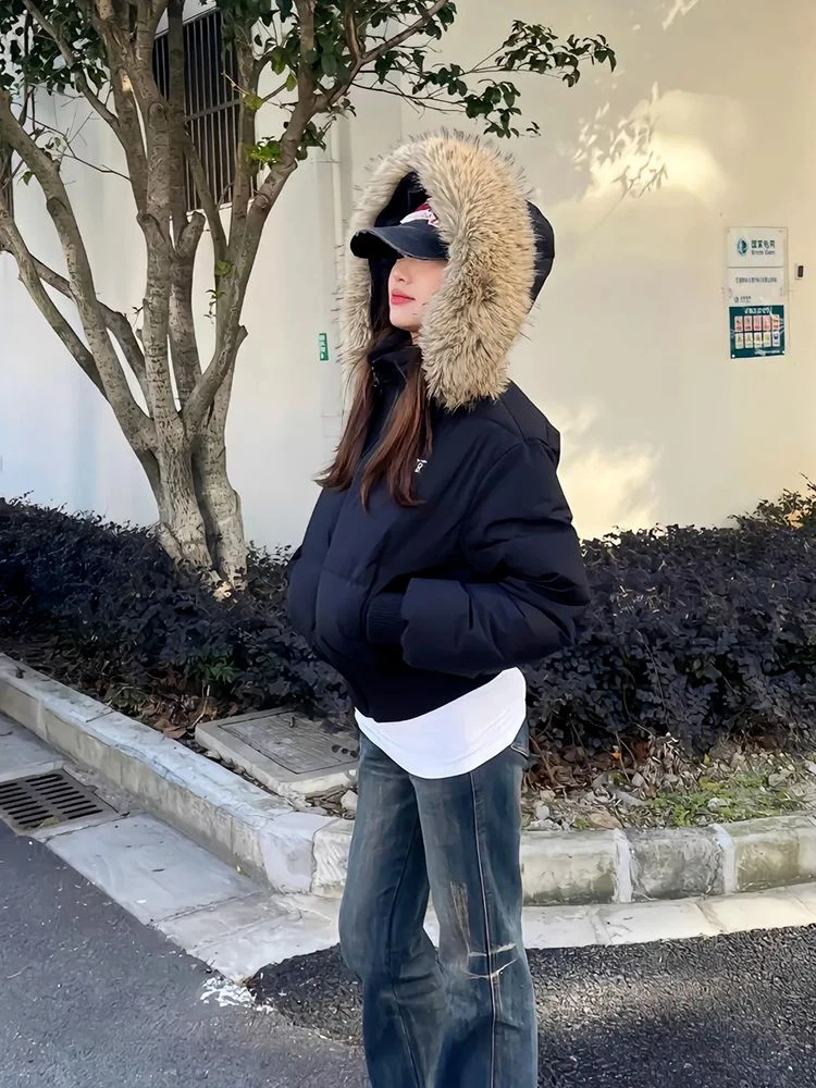 

Winter Thiened down Cotton Jaet Women's ort Coat with Large Fur Collar And Waist-Cinching Trendy Korean Sle Long Sve