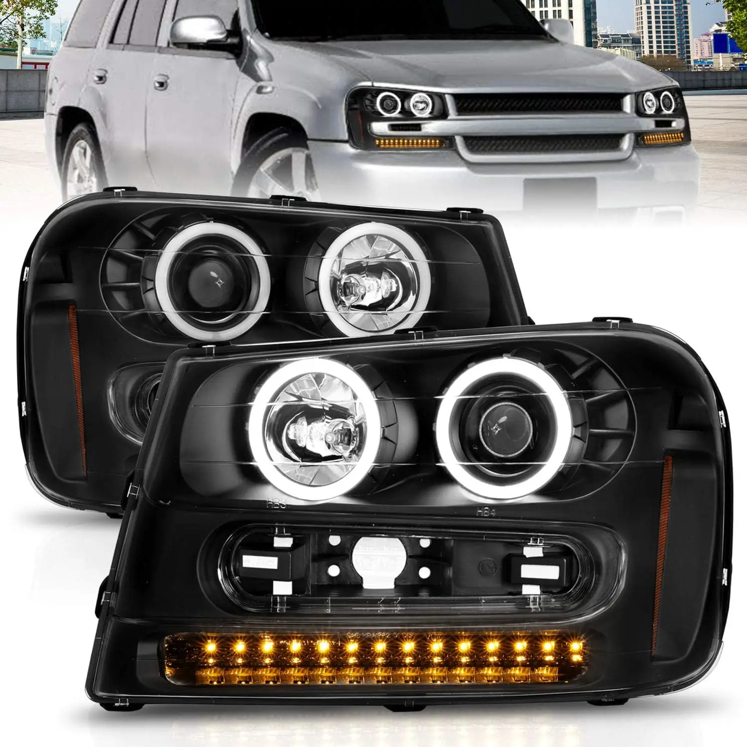 

for 2002-2009 Chevy Trailblazer EXT w/Full Width Grille Dual Xtreme LED Halos Black Projector Headlights - Passenger and Driver