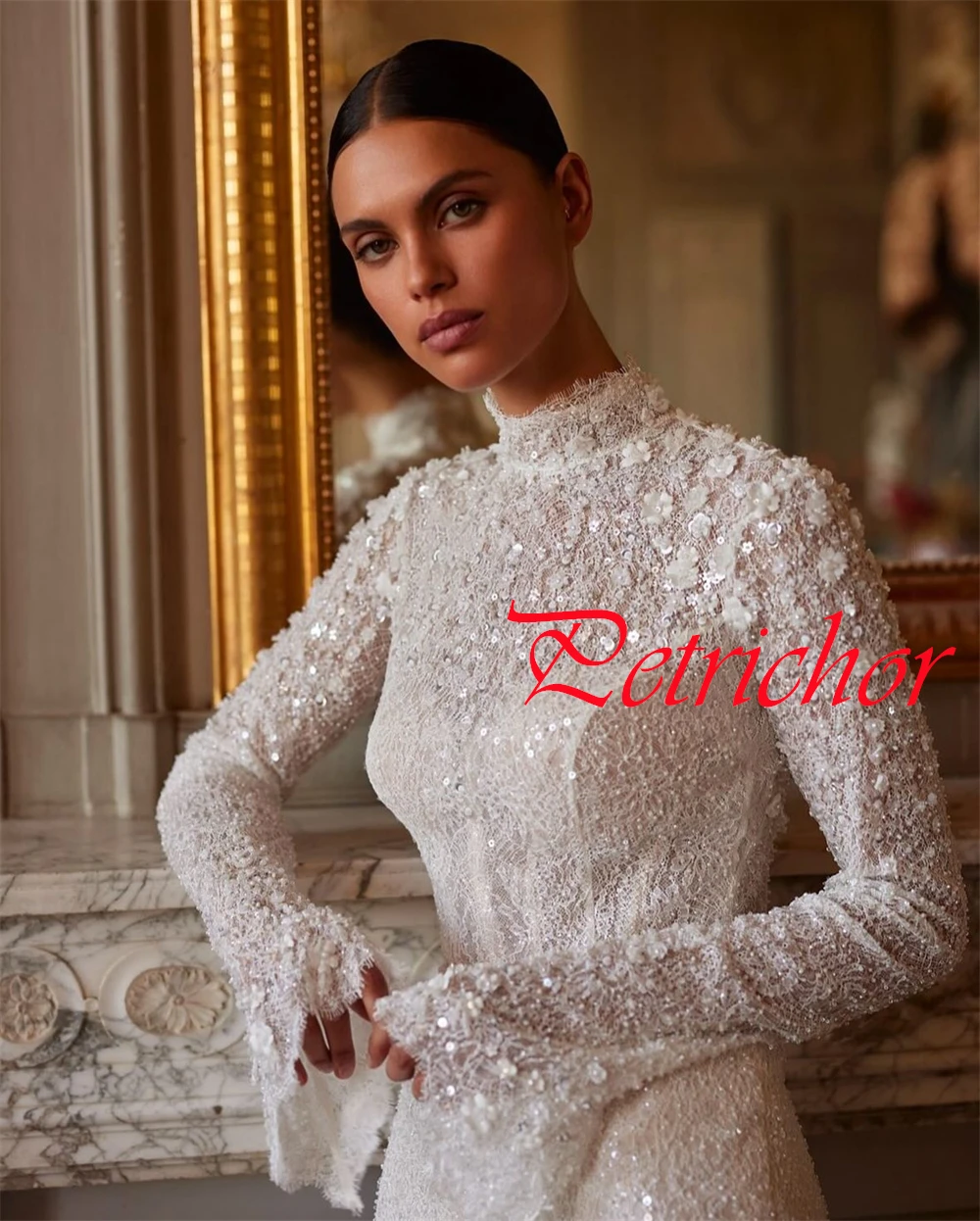Robe de mariée en Organza blanc de haute qualité, personnalisée, tempérament, décolleté haut, manches longues, robe de mariée avec traîne chapelle