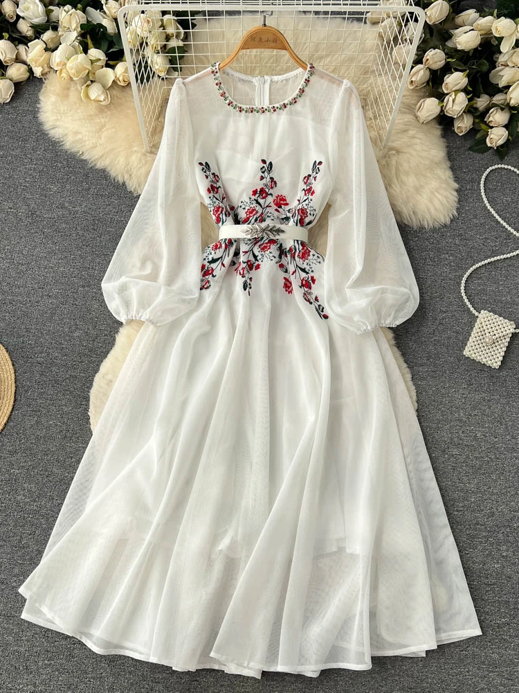 Korean Gauze Maxi Dresses for Women Slim Waist Y2k Embroidery Flower Robe Femme 2024 Vestidos De Mujer Zipper Temperament Dress