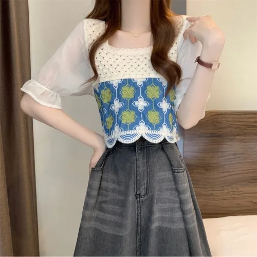 Women Crochet Knit Top with Chiffon Half Sleeve Square Neck Embroidery Floral Blouse Spring Summer Fairycore Outfit