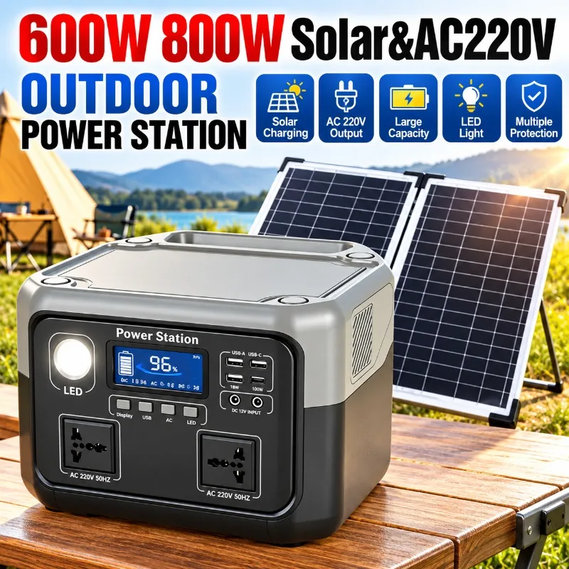 220V 800W Portable Power Station 600W/800W 589WH Solar Generator Backup Power Bank for Outdoor Camping, Home Emergency RV Travel