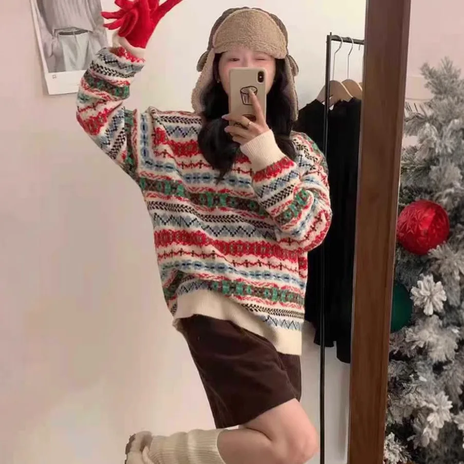 New Autumn Blending Christmas Sweater, Women Long Sleeve Jacquard Loose Tops, Mori Girl Vintage Lazy Pullover, Winter T4N807CC