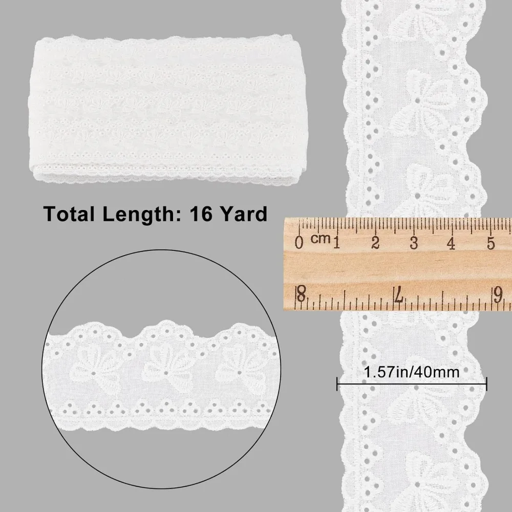 16 Yards White Cotton Lace Trim Bowknot Embroidery Lace Ribbon 1-5/8