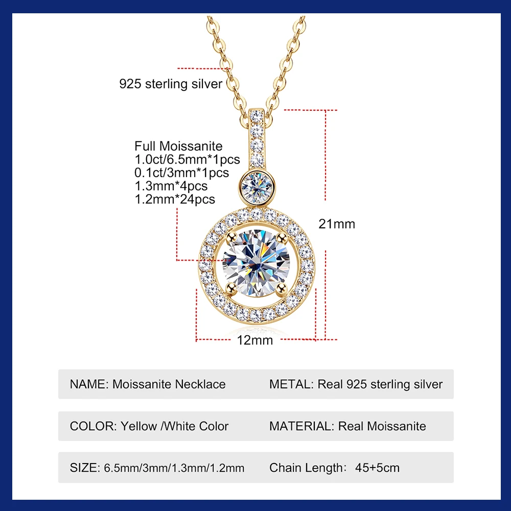 925 Silver Full Moissanite Pendant Necklace Certified 6.5mm D Color Lab Created Diamond Necklace for Women Quality Jewelry Gift