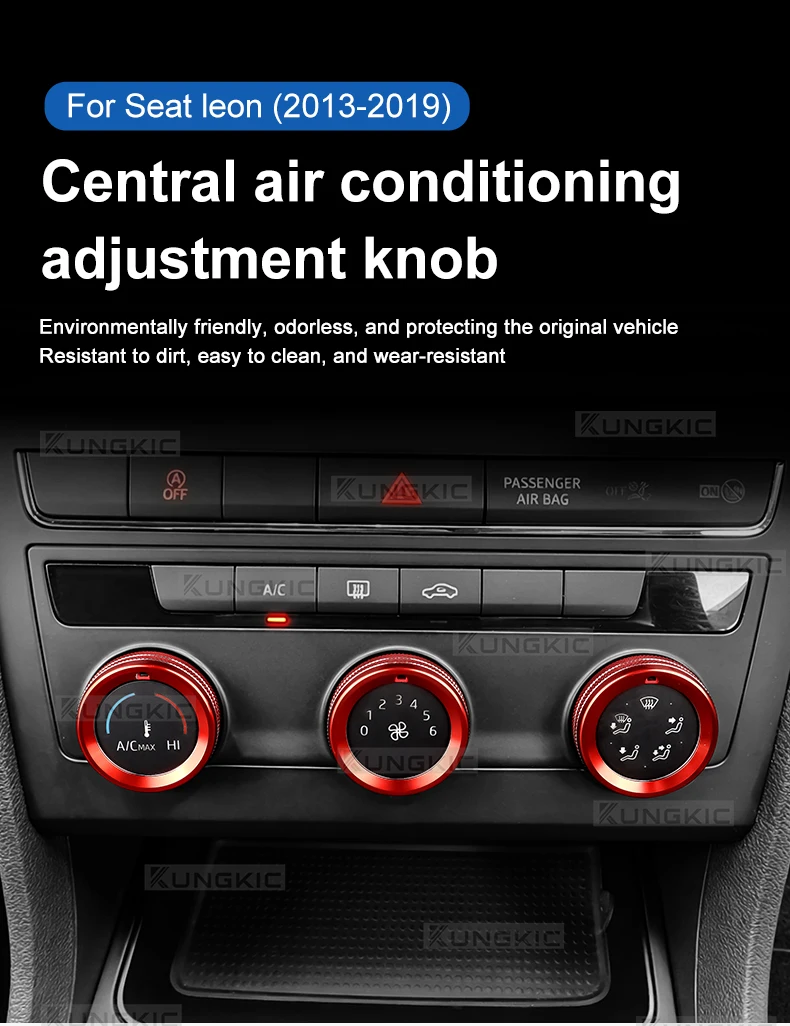 Aluminiumlegierung für SEAT Leon MK3 2013 2014 2015 2016 2017 2018 2019 Auto Mittelkonsole Luftreglerknopf Ring Innenabdeckung – Detail 1