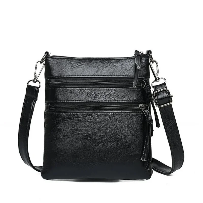 Fashion Zipper PU Leather Mobile Phone Pouch Soft Vertical Square Bag 3 Layers Solid Color Single Shoulder Bags for Women Gifts