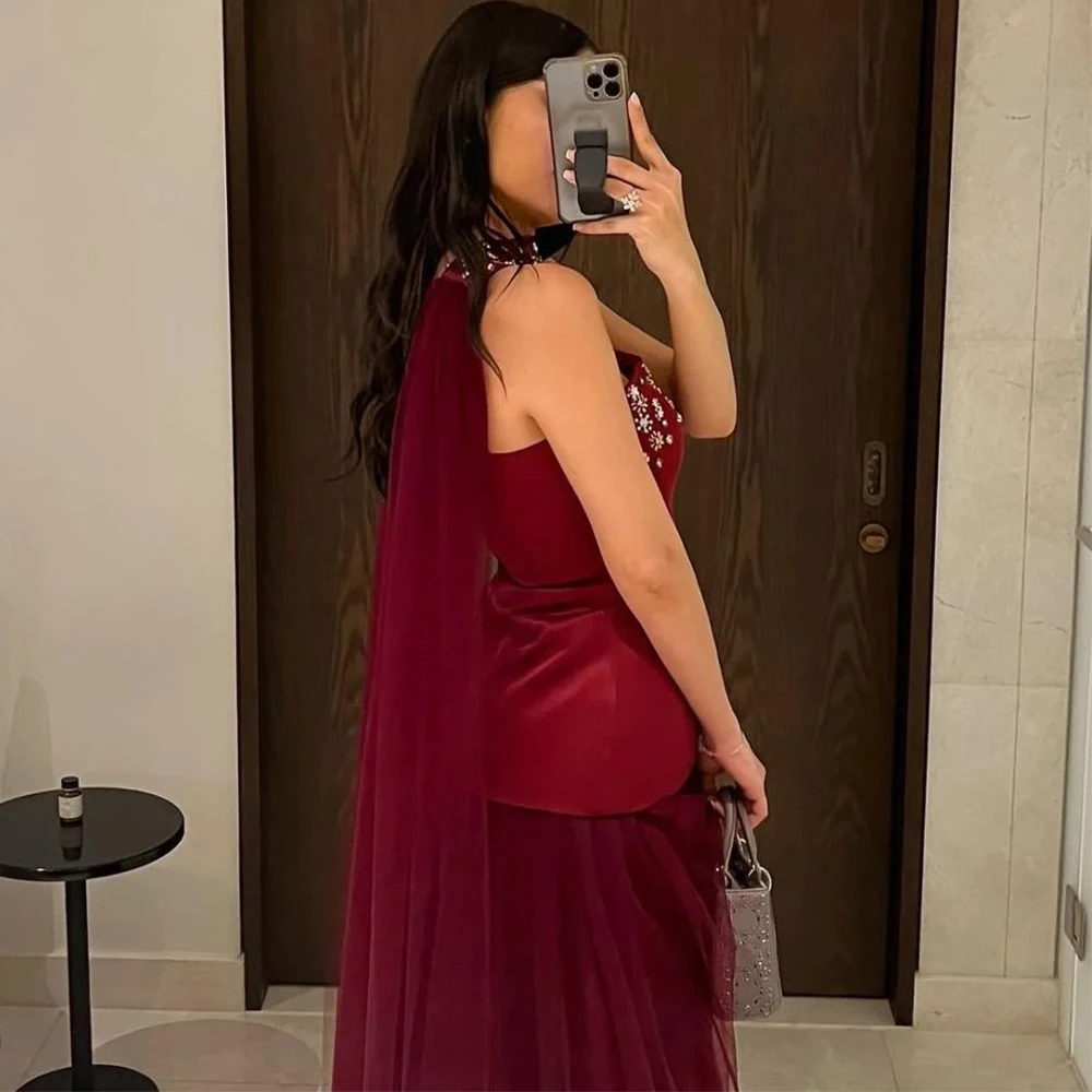 Flechazo Burgundy Beading Evening Dress Strapless A-Line Floor Length Tulle Women Customized Sleeveless فساتين للمناسبات الخاصة