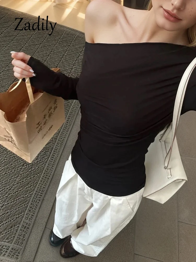 

Сексуальная женская футболка с косым воротником, весна 2024, новый корейский стиль, однотонная женская футболка с длинным рукавом, повседневная нижняя одежда