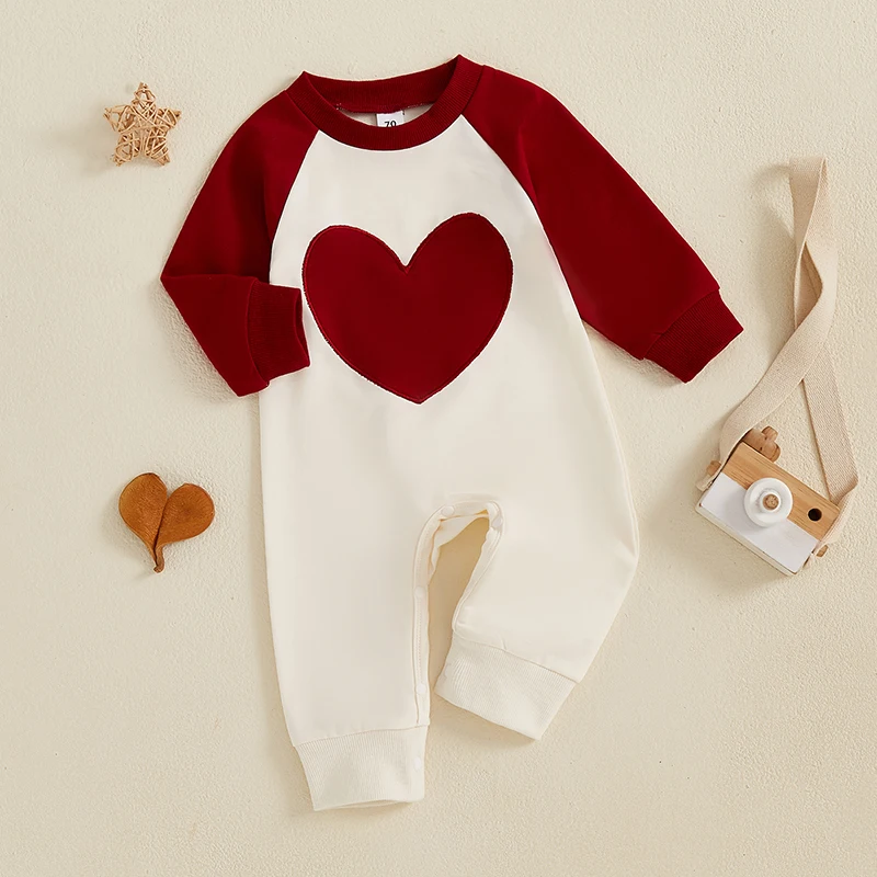 Infant Boys Valentine s Day Romper Long Sleeve Heart Print Jumpsuit Crewneck Casual Outfit for Baby Boy