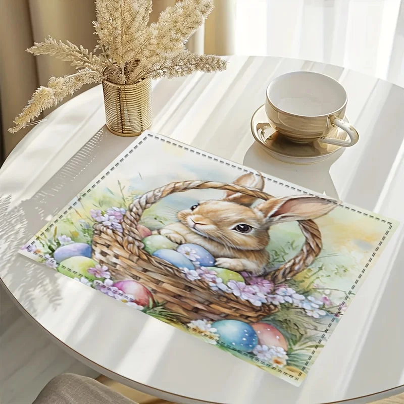 1PC A Cute Easter Bunny Placed in A Basket with Flowers and Eggs Placemat 30X40cm