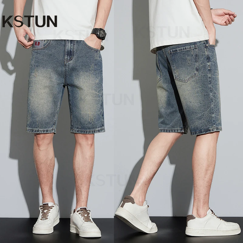 Men Denim Shorts Jeans 2024 Summer Shorts Fashion Pockets Retro Blue Men's Shorts Straight Slim Vintage Knee Length Pants