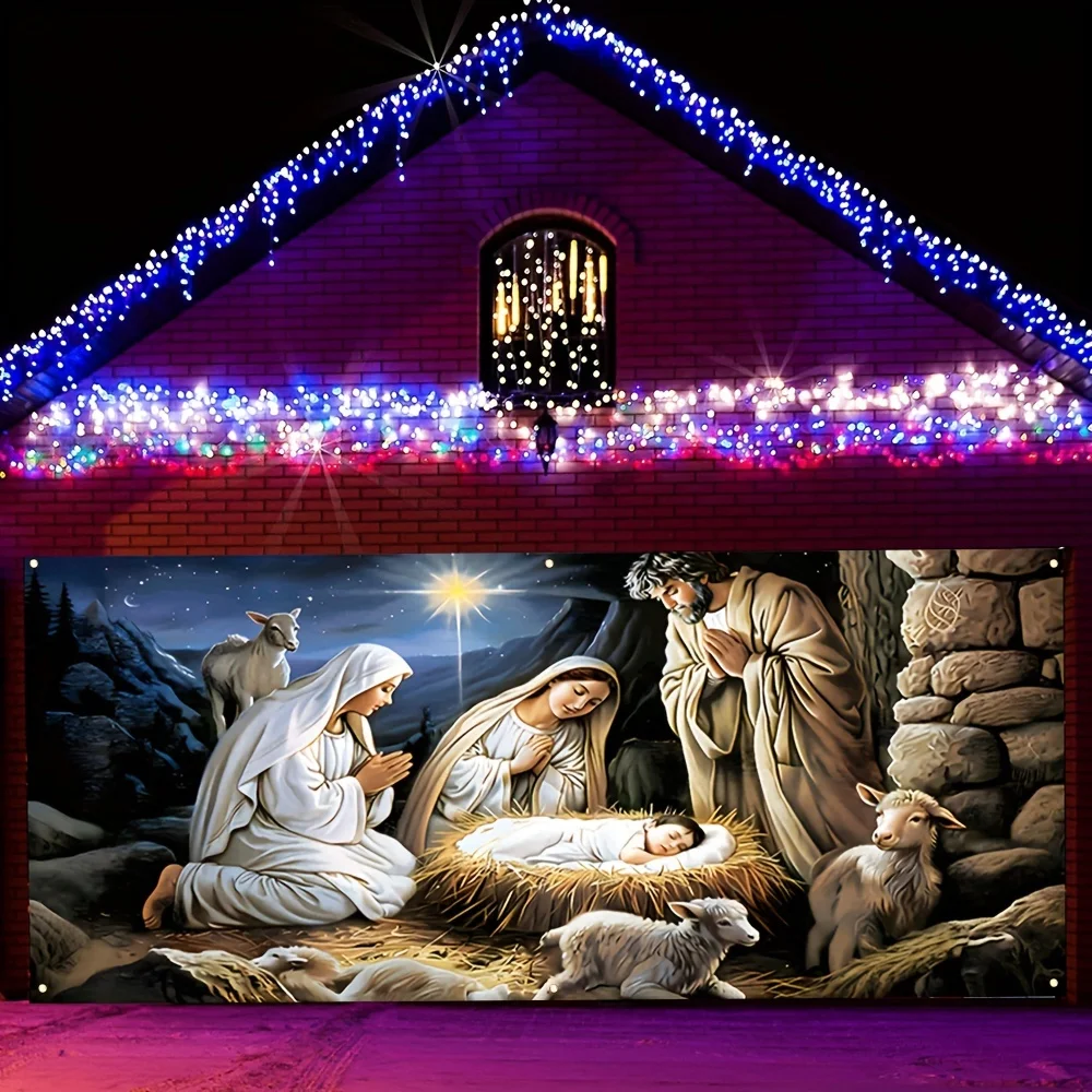 مشهد ميلاد كبير ولافتة جراج صلاة مريم العذراء - ألياف بوليستر متينة، مناسبة لتزيين عيد الميلاد #6