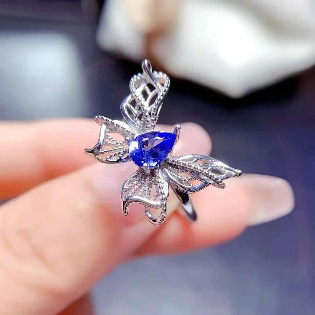 Butterfly Style 100% Natural and RealTanzanite ring Free shipping 925 sterling silver Fine jewelry ring