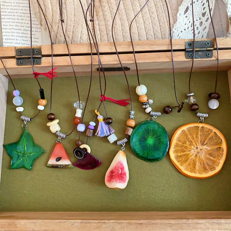 Minar Funny Multiple Real Dye Kiwi Dragon Fruit Watermelon Orange Fig Pendant Necklaces for Women Long Adjustable Rope Chain