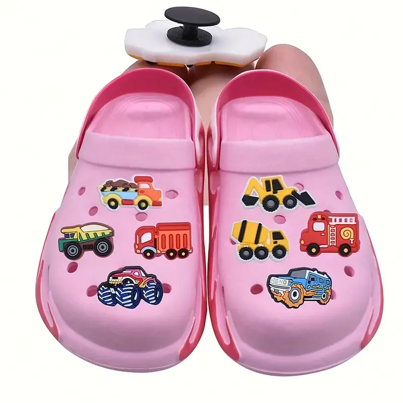 18pcs Cute Toy Cars Series Shoe Charms For Clogs Jigs Bubble Slides Sandals, PVC Shoe Decoration Accessories Boys Party Gift DIY