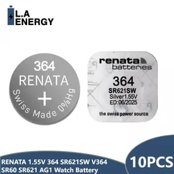 10pcs 100% Original New RENATA 1.55V 364 SR621SW V364 SR60 SR621 AG1 Watch Battery Button Coin Cell Batteries MADE IN Swiss