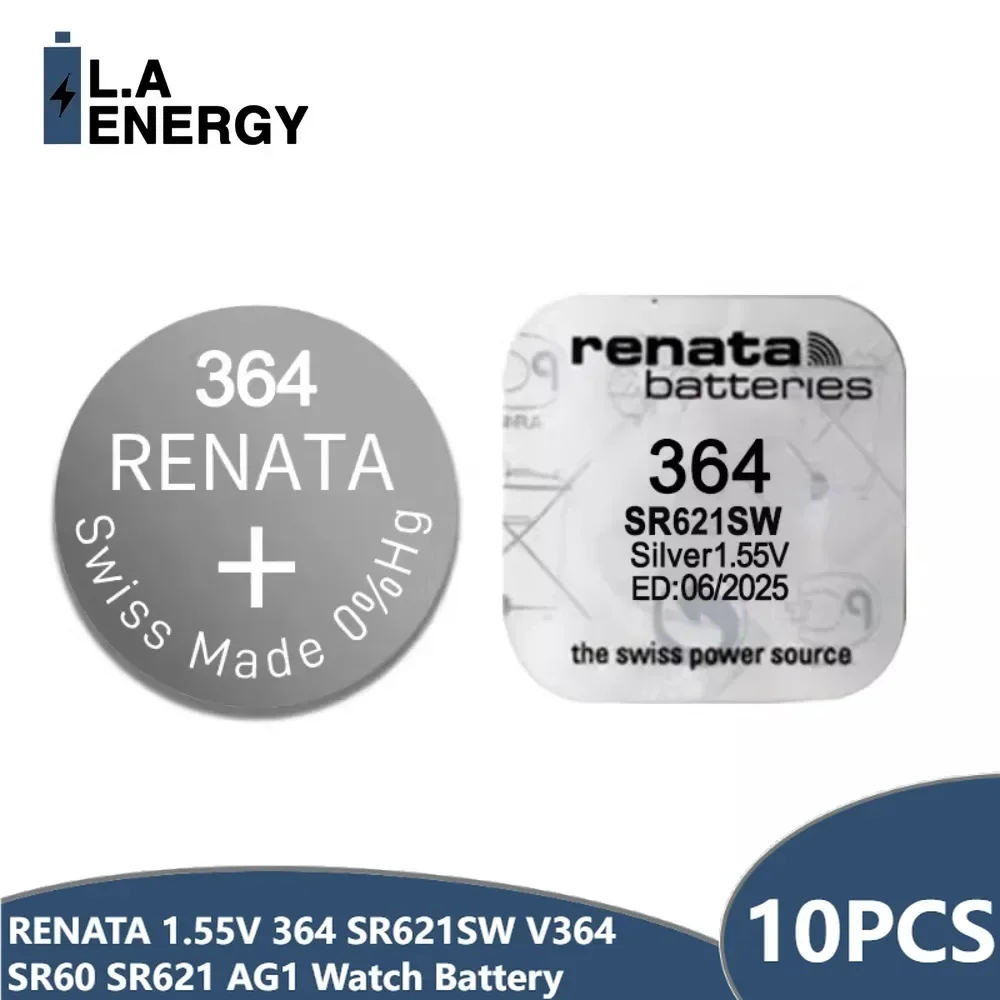 10pcs 100% Original New RENATA 1.55V 364 SR621SW V364 SR60 SR621 AG1 Watch Battery Button Coin Cell Batteries MADE IN Swiss