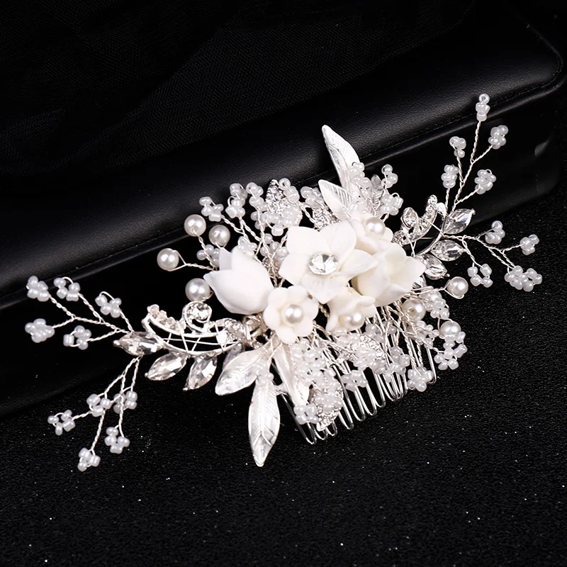 Luxury Crystal Pearl Flower Hair Comb Headband Tiara For Women Bride Party Bridal Wedding Hair Accessories Jewelry Comb Headband