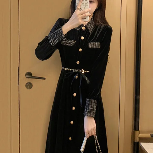 슬림한 원피스 여성용 가을 고급스러운 슬림한 허리 조임 여성용 검정색 우아한 원피스 드레스 원피스 드레스 원피스 